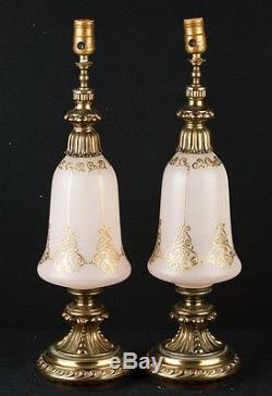 Pair French Art Nouveau Opaline Glass Table Lamps Light