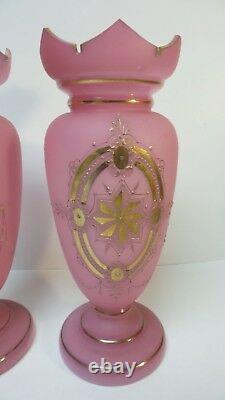 Pair French OPALINE Glass 11.25 Vases, Gilt Decorated, c. 1880-1900