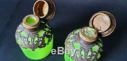 Pair French Opaline Baccarat Jade Uranium Green Glass Lidded Scent Bottles a/f