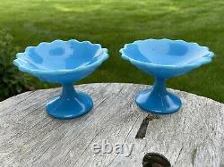 Pair French Portieux Vallerysthal Blue Opaline Small Footed Bowls Comports