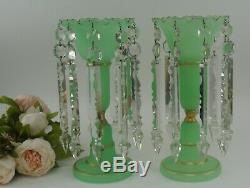 Pair Green Opaque Uranium Glass Tulip Shaped Mantle Lustre Vases Victorian