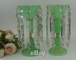 Pair Green Opaque Uranium Glass Tulip Shaped Mantle Lustre Vases Victorian