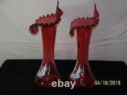 Pair Jack & Pulpit Mary Gregory Hand Blown Cranberry Art Glass Victorian Vases
