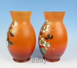 Pair Large Antique Bohemian Enameled Opaline Glass Vase Victorian Gold Flowers