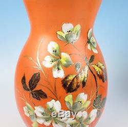 Pair Large Antique Bohemian Enameled Opaline Glass Vase Victorian Gold Flowers