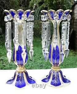 Pair Lge High Quality Antique Victorian Bohemian Blue Glass Mantel Lustres 13.2