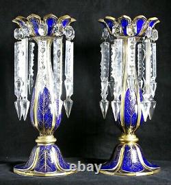 Pair Lge High Quality Antique Victorian Bohemian Blue Glass Mantel Lustres 13.2