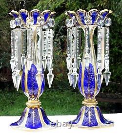 Pair Lge High Quality Antique Victorian Bohemian Blue Glass Mantel Lustres 13.2