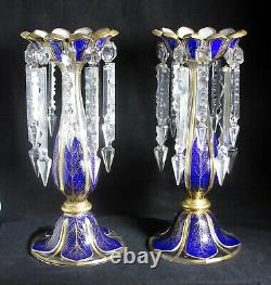 Pair Lge High Quality Antique Victorian Bohemian Blue Glass Mantel Lustres 13.2