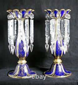 Pair Lge High Quality Antique Victorian Bohemian Blue Glass Mantel Lustres 13.2