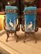 Pair Mt. Washington Herron Hand Painted Blue / Silver Plate Glass Vases Enamel 9