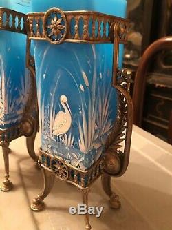 Pair Mt. Washington Herron Hand Painted Blue / Silver Plate Glass Vases Enamel 9