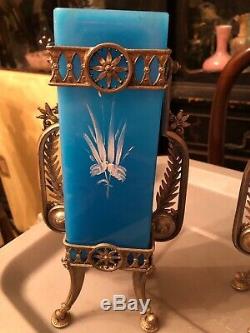 Pair Mt. Washington Herron Hand Painted Blue / Silver Plate Glass Vases Enamel 9
