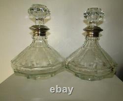 Pair Of Antique European Cut Glass Etched Decanters Sterling Silver 10'' 1.700kg