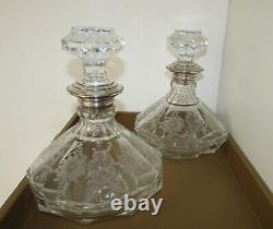 Pair Of Antique European Cut Glass Etched Decanters Sterling Silver 10'' 1.700kg