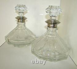 Pair Of Antique European Cut Glass Etched Decanters Sterling Silver 10'' 1.700kg