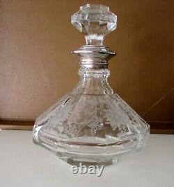 Pair Of Antique European Cut Glass Etched Decanters Sterling Silver 10'' 1.700kg