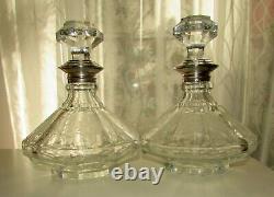 Pair Of Antique European Cut Glass Etched Decanters Sterling Silver 10'' 1.700kg