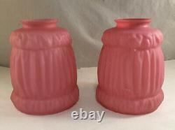 Pair Of Antique Pink Satin Art Glass Lamp Shades Victorian