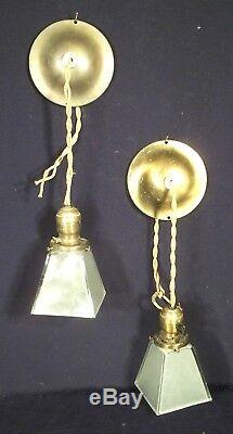 Pair Of Antique Victorian Art Deco Hanging Lights With Frosted Glass Shades