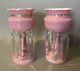 Pair Of Antique Victorian Art Glass Mantel Luster Vases With Prisms