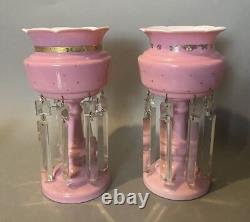 Pair Of Antique Victorian Art Glass Mantel Luster Vases With Prisms