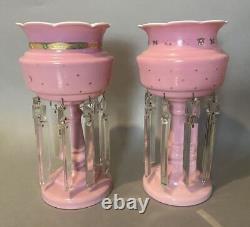 Pair Of Antique Victorian Art Glass Mantel Luster Vases With Prisms