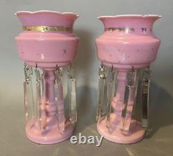 Pair Of Antique Victorian Art Glass Mantel Luster Vases With Prisms