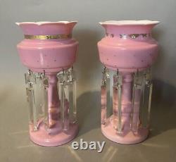 Pair Of Antique Victorian Art Glass Mantel Luster Vases With Prisms