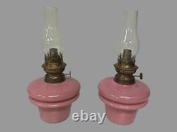 Pair Of Antique Victorian Pink Opaline Art Glass Oil Lamp Fonts