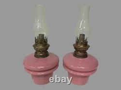 Pair Of Antique Victorian Pink Opaline Art Glass Oil Lamp Fonts