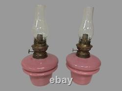 Pair Of Antique Victorian Pink Opaline Art Glass Oil Lamp Fonts