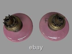 Pair Of Antique Victorian Pink Opaline Art Glass Oil Lamp Fonts