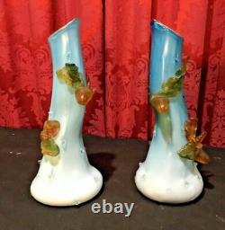 Pair Of Antique Victorian Satin Art Glass 11 Vases With Applied Decoration