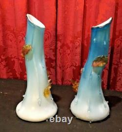 Pair Of Antique Victorian Satin Art Glass 11 Vases With Applied Decoration
