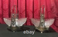 Pair Of Antique Victorian Silver Plate & Art Glass Brides Baskets With Birds