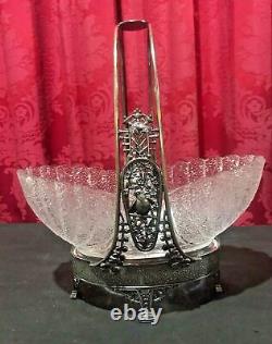 Pair Of Antique Victorian Silver Plate & Art Glass Brides Baskets With Birds