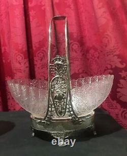 Pair Of Antique Victorian Silver Plate & Art Glass Brides Baskets With Birds