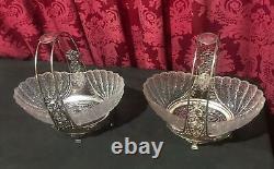 Pair Of Antique Victorian Silver Plate & Art Glass Brides Baskets With Birds