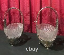 Pair Of Antique Victorian Silver Plate & Art Glass Brides Baskets With Birds