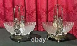 Pair Of Antique Victorian Silver Plate & Art Glass Brides Baskets With Birds