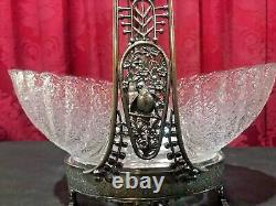 Pair Of Antique Victorian Silver Plate & Art Glass Brides Baskets With Birds