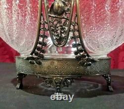 Pair Of Antique Victorian Silver Plate & Art Glass Brides Baskets With Birds