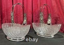 Pair Of Antique Victorian Silver Plate & Art Glass Brides Baskets With Birds