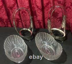 Pair Of Antique Victorian Silver Plate & Art Glass Brides Baskets With Birds