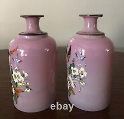 Pair Of Art Nouveau Pink Opaline Harrach Enameled Bird Floral Art Glass
