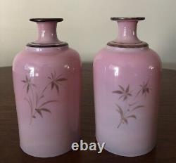Pair Of Art Nouveau Pink Opaline Harrach Enameled Bird Floral Art Glass