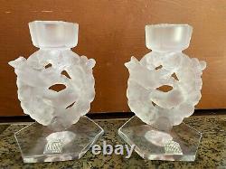 Pair Of Lalique France Mesanges Frosted Crystal Birds Candle Holders Vintage