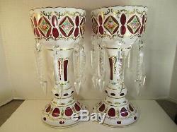 Pair Of Large VTG Czech Bohemian White Cut To Cranberry 8 Prism Mantle Lustres
