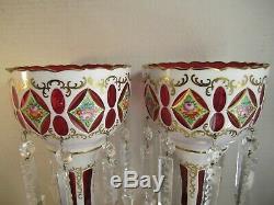 Pair Of Large VTG Czech Bohemian White Cut To Cranberry 8 Prism Mantle Lustres